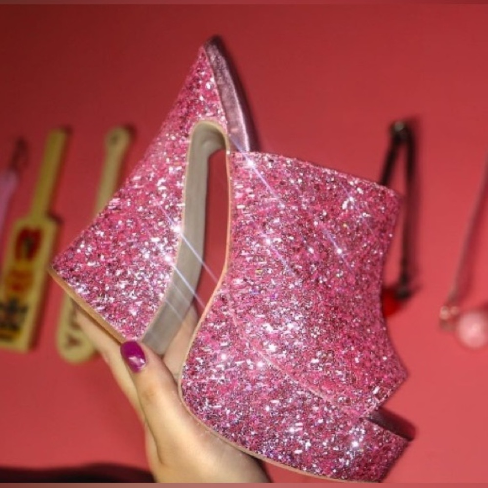Jeffrey Campbell Dayana Pink Glitter Platform Mules - Size 8